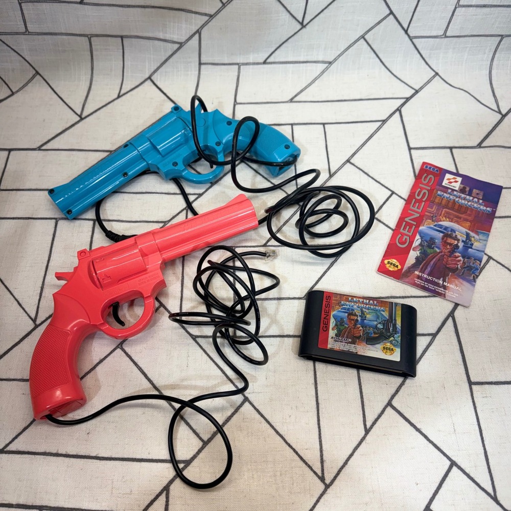 Konami Lethal Enforcers Sega Genesis Pink Blue Justifier Light Gun Bundle